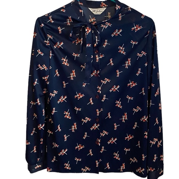 vintage 60s / 70s blue and red dragonfly button down pussybow blouse - Picture 2 of 5